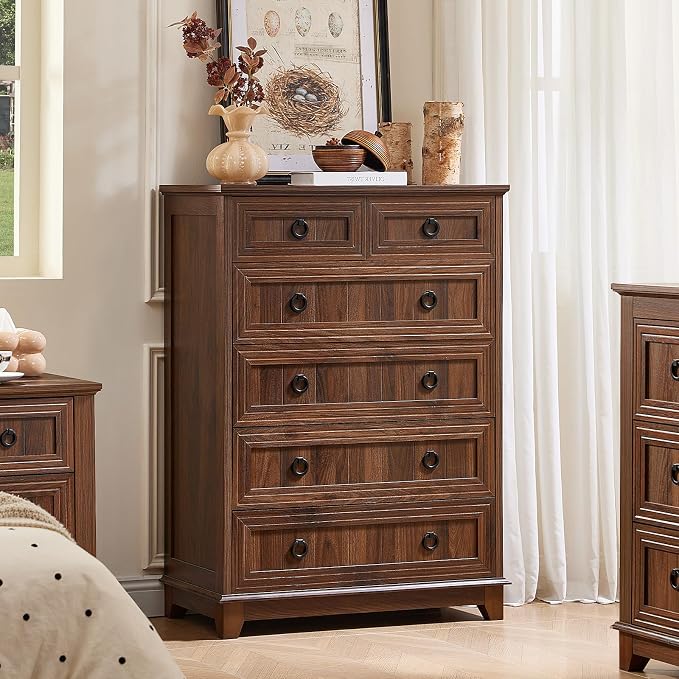 Joaxswe Farmhouse 6 Drawer Dresser for Bedroom, 41" Tall Small Dressers & Chest of Drawers, Rustic Wood Dresser with Metal Handle, Storage Organizer Closet for Living Room, Hallway, Entryway