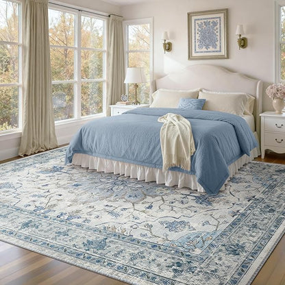 RELEANY Area Rugs Large 10'x14' Washable Non-Slip, Floral Vintage Distress Medallion Carpet for Living Room Bedroom Dining Room, Light Blue Navy Gray White