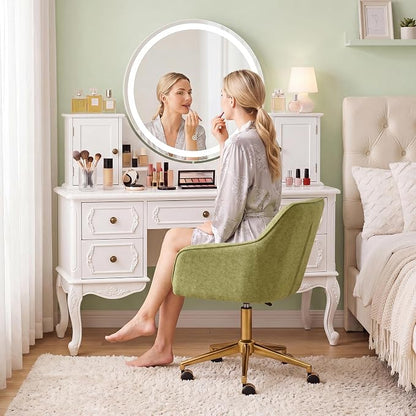 Zesthouse Vanity Chair with Wheels for Girl Women, Swivel Office Desk Chair | Green Chenille Rolling Office Chair with Arms & Gold Base, Upholstered Fabric Desk Chair for Bedroom, Height Adjustable Chair