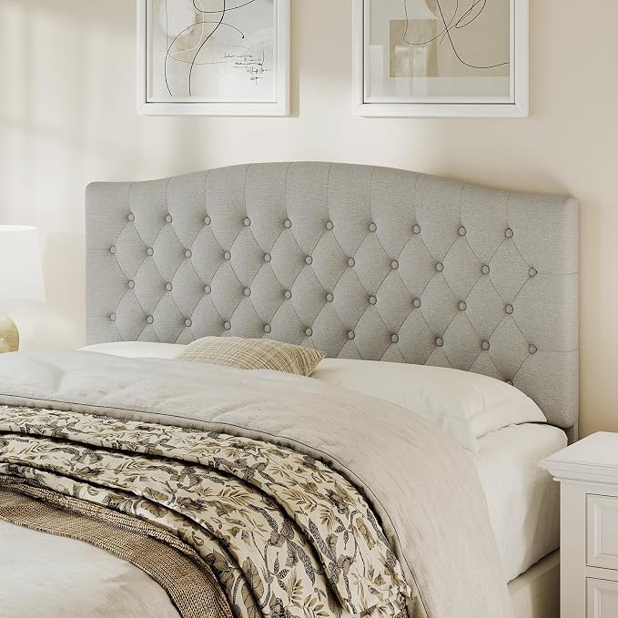 Queen Headboard Only, Linen Classic Tufted Design, Gray Linen | 2 installation options: 1.bed frame mount 2.wall mount (for adjustable bed), Classic hand-tufted headboard king size