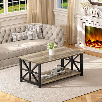 GreenForest Round Corners Coffee Table for Living Room | armhouse Style Center Table with Storage Shelf,39 Inch Space Saving Sofa Table,Easy Assembly,Gray Wash