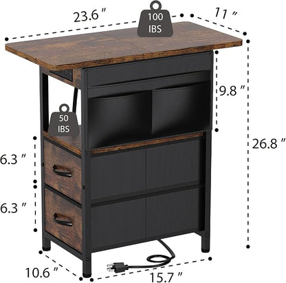 Yenlure Small Side Table with Charging Station, Narrow Nightstand Bedside Tables with Storage Pocket for Living Room Bedroom, Sofa End Table with USB Ports and Power Outlets for Small Spaces