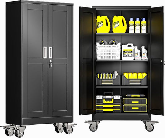 GAIOUS Metal Garage Storage Cabinet with Lock, 61” Tall Lockable File Cabinet with Wheels, Steel Tool Cabinet with 2 Door and 3 Adjustable Shelves, Rolling Cabinet for Home Office Garage Gym - Black