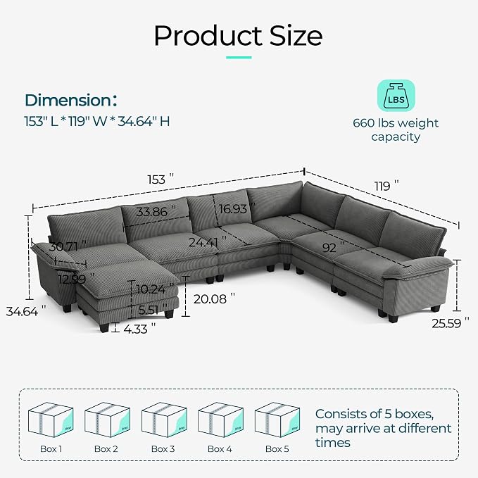 LINSY HOME Modular Sectional Sofa 6 Seat Couch Corduroy Cloud Couch with Deep Seat, Modern C-Shaped Cloud Couch for Living Room, Office, Bedroom, Grey