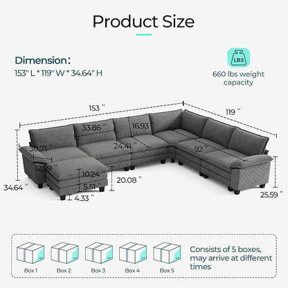 LINSY HOME Modular Sectional Sofa 6 Seat Couch Corduroy Cloud Couch with Deep Seat, Modern C-Shaped Cloud Couch for Living Room, Office, Bedroom, Grey