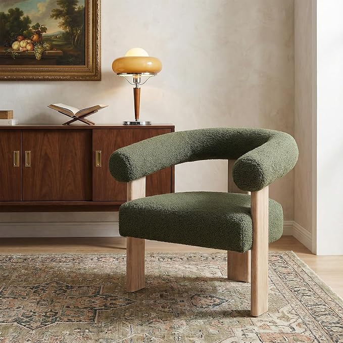 VKNOW Accent Chair Living Room Chair, Modern Upholstered Arm Chair with Solid Wood Legs, Comfy Barrel Accent Chair for Living Room, Bedroom, Green