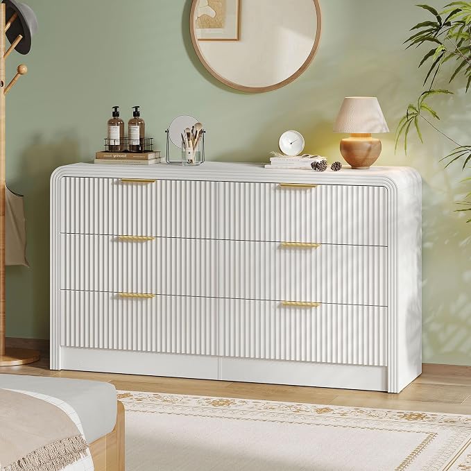 Decofy Fluted Drawers Dresser for Bedroom, Wood Dressers with Gold Handles, Modern Dressers with Wave Texture, Large Storage Chest of Drawers, Bedroom Dresser Organizer 55'' & 6 Drawers (Pure White)