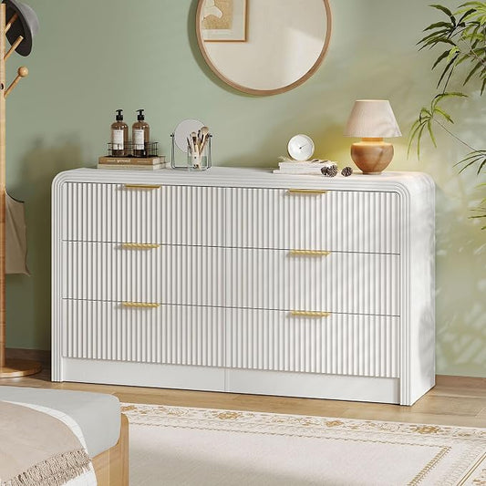 Decofy Fluted Drawers Dresser for Bedroom, Wood Dressers with Gold Handles, Modern Dressers with Wave Texture, Large Storage Chest of Drawers, Bedroom Dresser Organizer 55'' & 6 Drawers (Pure White)