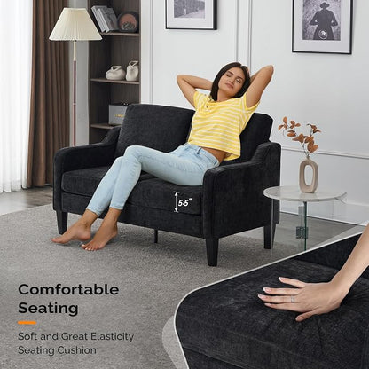 VINGLI Mid-Century Modern Loveseat Sofa Couch, Living Room 53" Love Seat 2 Seater Upholstered Comfy Couches with Scooped Armrest for Small Spaces, Dorm, Bedroom, Apartment, Office (Black)