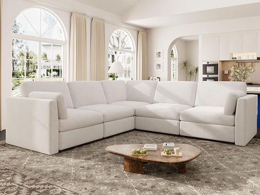 Oversized Modular Sectional Sofa V-Shaped Cloud Couches White | 109'' Deep Seat Couch for Living Room, 5-Seater Luxury Comfortable Corner sofa, Solid Wood Frame, Removable Washable Cover