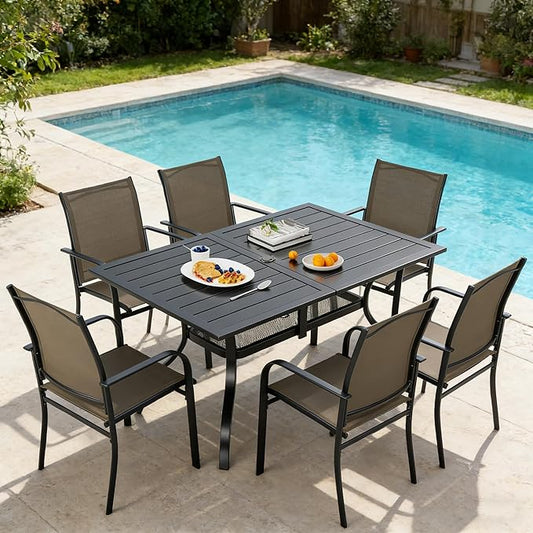 SUNCROWN 7 - Piece Outdoor Dining Set, Patio Furniture Set with 6 x Textilene Dinning Chairs and 1 Steel Slat Metal Bistro Table for Lawn Garden Backyard Deck, Brown