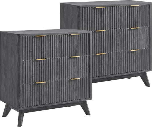 T4TREAM Fluted 3 Drawers Nightstand Set of 2, Oversized Extra Large Modern Side Table, End Table Bedside for Bedroom, Living Room, Curved Profile Design, Dark Alder