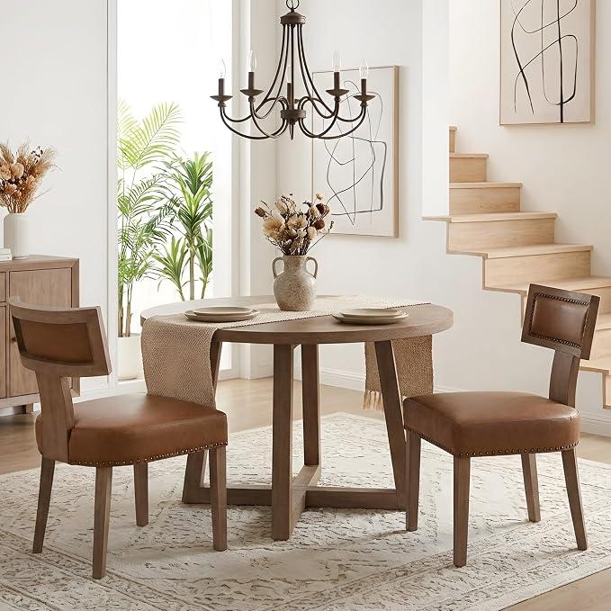 HNY Mid Century Modern Dining Chairs Set of 2, Farmhouse PU Leather Upholstered Accent Chairs Curved Nailhead Trim Backrest Kitchen Chairs, with Hardwood Frame, Brown