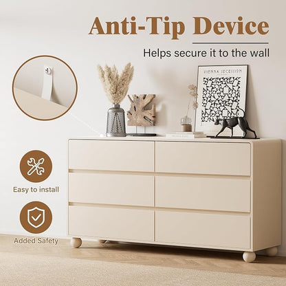 Furniway 3 Piece Bedroom Set, 6 Drawer Dresser and 2 Drawer Nightstand Set of 2 with Round Legs, Modern Wood Chest of Drawers Storage Cabinet for Bedroom, Beige