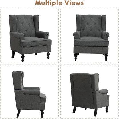 Accent Chair for Living Room, Mid Century Modern Upholstered Armchair, Wingback Chair with Tufted High Back and Solid Legs, Comfy Side Chairs Single Sofa for Bedroom, Dark Grey