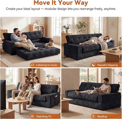 MONVANE 75.6" Convertible 3 Seater Sofa, Comfy Chenille Cloud Couch with Storage Pocket, Modern Deep Seat Boneless Couch, 3 Seater Sofa for Living Room, No Assembly Required, Black