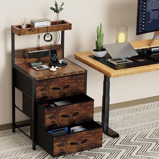 SZLHANJZ Nightstands Set of 2, End Table with LED Light and Charging Station Type C, 3 Drawers Storage Night Stand with Hooks, Tall Bed Side Table for Bedroom Dorm, Rustic Brown