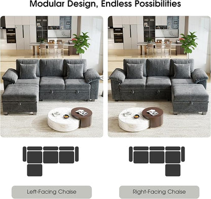 86" Modular Sectional Sleeper Sofa Bed, L Shaped 4 Seat Pull Out Couch with Storage Ottoman, Convertible Cloud Couch Bed, Sectional Couches for Living Room, Apartment (Gray)