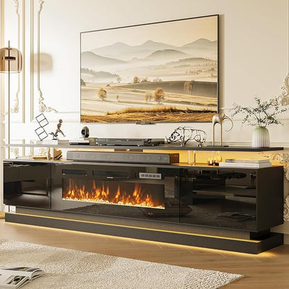 70" Fireplace TV Stand, Modern Entertainment Center for TVs Up to 80", TV Console with Storage Cabinets, Media Console for Living Room, WI-FI Enabled Black TV Stand and Black Fireplace