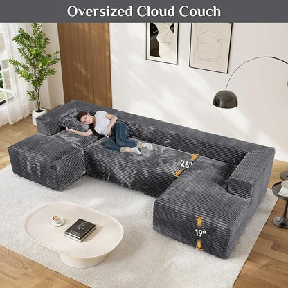 131" Oversized U Shaped Cloud Sectional Couches for Living Room, Comfy Fluffy Corduroy Dark Grey Boneless Sectionals Couch, Plush Memory Foam Modular Sectional Sofa with Chaise- 19" Seat Height