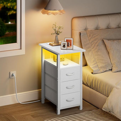 Vagusicc White Nightstand with Charging Station and LED Lights, Narrow End Table, LED Nightstand with 3 Fabric Drawers for Bedroom, Small Bedside Table, Narrow Side Table for Small Spaces, White