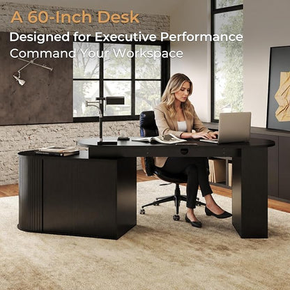 HSH Black L Shaped Office Desk with Storage Cabinet for Home Oak 60 Inch | Executive Woood Fluted Computer Desk with Keyboard Tray and Open Shelves Modern Reversible Mcm Large Swivel Table