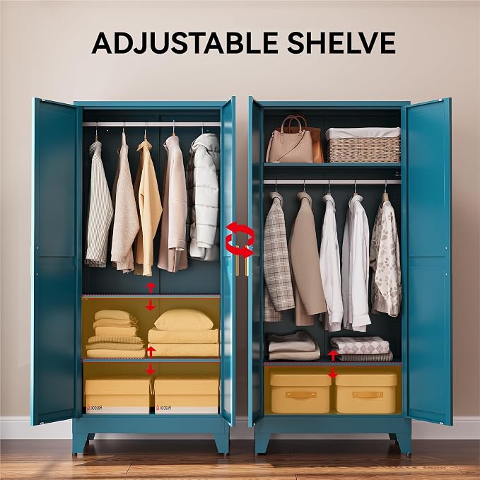 COFaR Armoire Wardrobe Closet, 71" Convertible 2-in-1 Metal Cabinet with Adjustable Rod & Shelves, Freestanding Hanging & Storage Organizer (Peacock Blue)