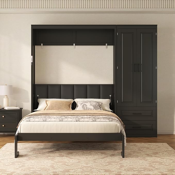 Merax Farmhouse Multi-Functional Murphy Bed with Wardrobe & Drawers,Black | Queen Size Solid Wood Foldable Wall Bed with Upholstered Headboard / No Box Spring Needed / Space Saving