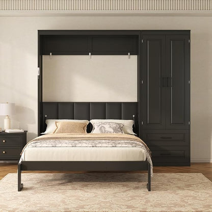 Merax Farmhouse Multi-Functional Murphy Bed with Wardrobe & Drawers,Black | Queen Size Solid Wood Foldable Wall Bed with Upholstered Headboard / No Box Spring Needed / Space Saving