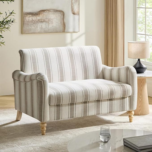 EcoHarbor Living 50.5" Mid-Century Modern Couch, Upholstered Sofa with Armrests, Stripe Mini Loveseat Couches for Small Space, Living Room, Bedroom, Office, Apartment, Tan