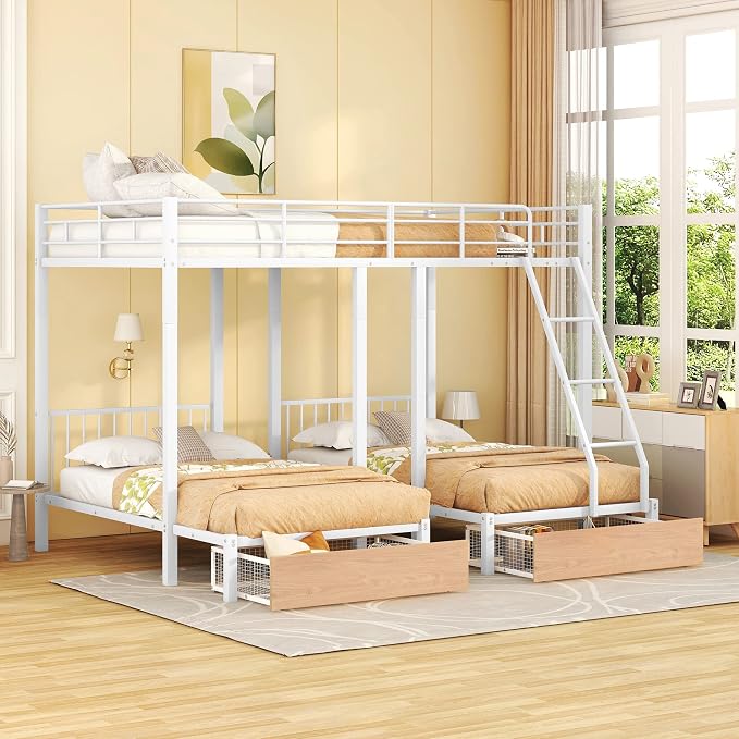 Full Over Twin & Twin Bunk Bed, Heavy Duty Metal Triple Bunk Bed with Drawers and Guardrails, Can be Divided into 3 Separate Beds, Triple Bunk Bed Frame for Kids Teens Aldults (White + Metal)