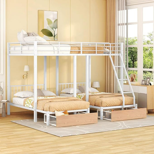 Full Over Twin & Twin Bunk Bed, Heavy Duty Metal Triple Bunk Bed with Drawers and Guardrails, Can be Divided into 3 Separate Beds, Triple Bunk Bed Frame for Kids Teens Aldults (White + Metal)