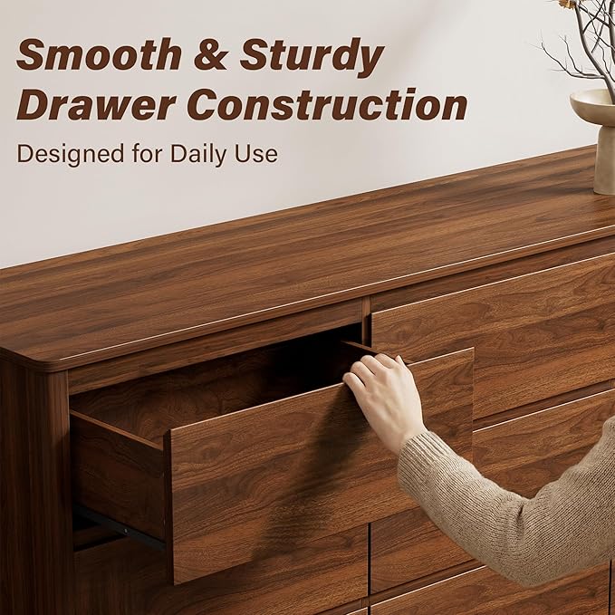 Furniway Walnut Mid-Century Modern 3 Piece Bedroom Furniture Set, 9 Drawer Dresser with Handleless Wood Grain Design and Nightstands Set of 2, Minimalist Storage Dresser for Bedroom