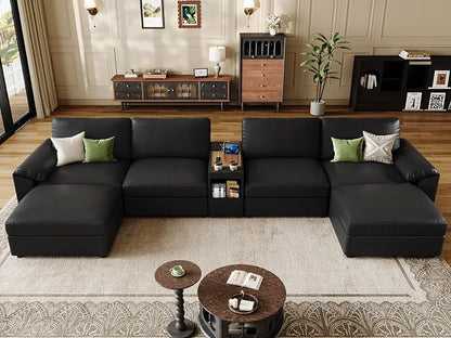 EASE MOOSE Leather Sectional Couch with Console,Oversized Modular Sectional Sofas,Wide Deep Seat Modular Couch,Scratch Resistant Faux Leather Material,U Shaped Sofa for Big Spaces,Black