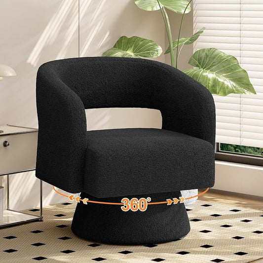 Luxanimarion Swivel Barrel Accent Chair,Oversized Teddy Upholstered Round Swivel Chair,Modern Luxury 360 Degree Living Room Vanity Chair for Bedroom Office,Black,1PCS