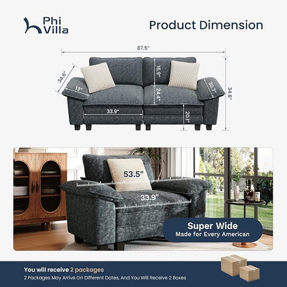 PHI VILLA Indoor Modular Couches Sets, 87.5" Sectional Loveseat Sofa with Upholstered Deep Seat, 2-Seater Comfy Couches for Living Room Bedroom, Chenille Fabric, Dark Cyan