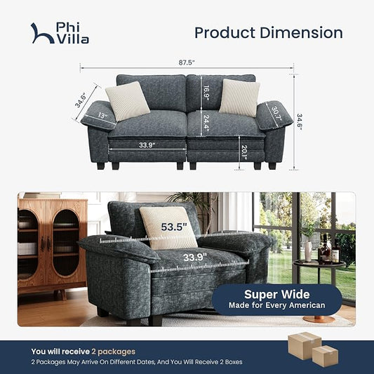 PHI VILLA Indoor Modular Couches Sets, 87.5" Sectional Loveseat Sofa with Upholstered Deep Seat, 2-Seater Comfy Couches for Living Room Bedroom, Chenille Fabric, Dark Cyan