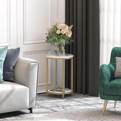 WiberWi Round Side Table, Modern Nightstand End Table with Gold Metal Frame &Faux Marble Top, Accent Bedside Table for Living Room Bedroom Small Spaces with Storage Open Shelf, White