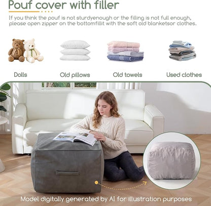 HIGOGOGO Square Stuffed Pouf Ottoman, Pu Leather Poufs with Foam Chunk Filling, Furry and Fluffy Pouf Foot Stool Storage Ottoman,20 X 14 Inches Floor Poufs Foot Rest for Living Room, Grey
