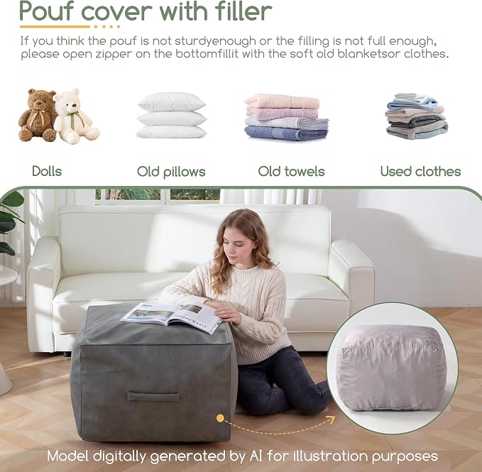 HIGOGOGO Square Stuffed Pouf Ottoman, Pu Leather Poufs with Foam Chunk Filling, Furry and Fluffy Pouf Foot Stool Storage Ottoman,26x18 Inches Floor Poufs Foot Rest for Living Room, Grey