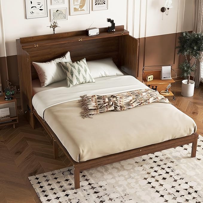 PVWIIK Queen Size Murphy Bed Cabinet with Power Station & Large Drawer for Bedroom,Pine Wood Folding Chest Bed with Rattan Panel, Space-Saving Wall Bed, Walnut