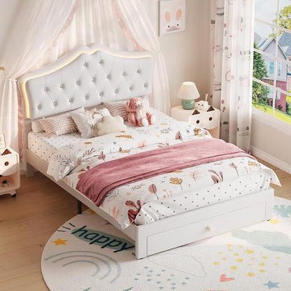 Garvee Full Size Bed Frame with LED Lights & Velvet Crystal Button Headboard, Upholstered Boy/Girl Platform Bed with Storage Drawer, Noise Free, No Box Spring Needed for Kids, Teens, Beige