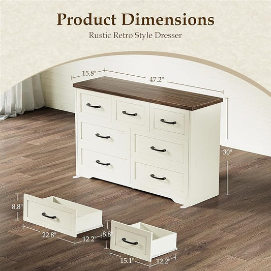 AODK Farmhouse 7 Drawer Dresser for Bedroom, 47” Wide Rustic Storage Chest with Engineered Wood Frame, Anti-Tip Design, American Country Bedroom Furniture, Walnut & Vintage White