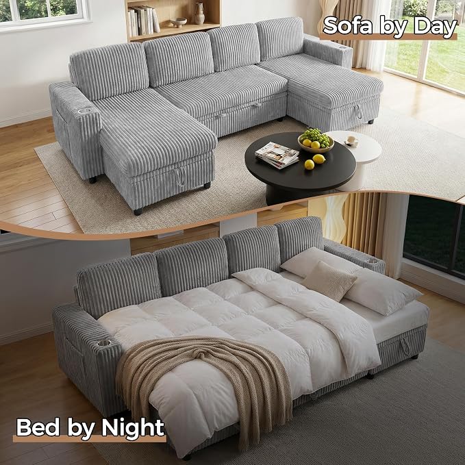 Modular Sectional Sleeper Sofa with Pull Out Bed, Plush Corduroy U Shaped Couch with Storage Chaise, USB Ports, Cup Holders, Comfy Cloud Couches for Living Room, Grey