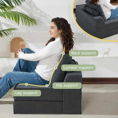 Folding Sofa Bed, 4 in 1 Convertible Sleeper Chair with Pillow, Standard Memory Foam Fold Out Chair Bed, Modern Floor Futon Sofa Couch Mattress for Living Room/Guest/Apartment, Black Grey