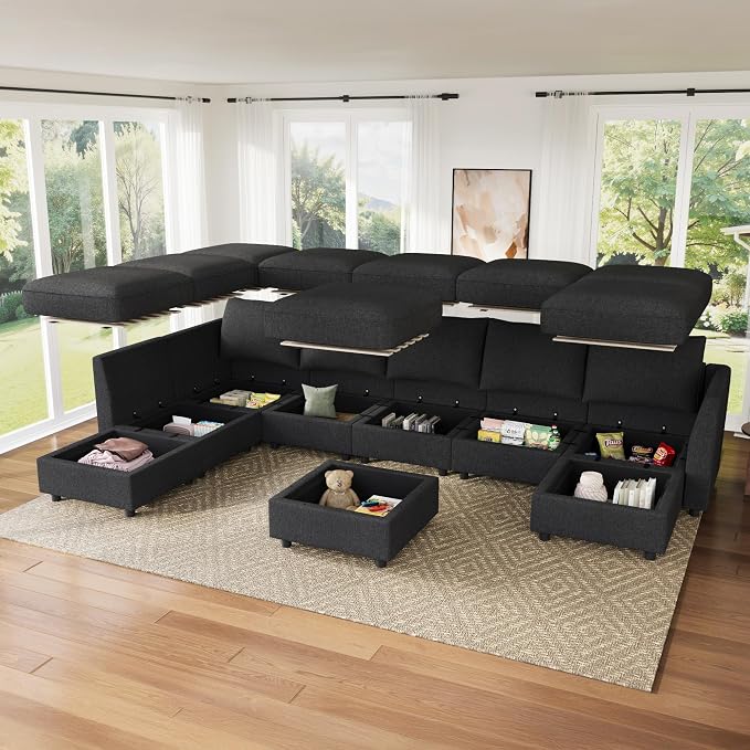 HONBAY Modular Sectional Sofa with Storage, U Shaped Couch Modular Convertible Sectional Couches for Living Room - Linen Grey