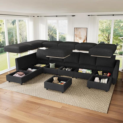 HONBAY Modular Sectional Sofa with Storage, U Shaped Couch Modular Convertible Sectional Couches for Living Room - Linen Grey