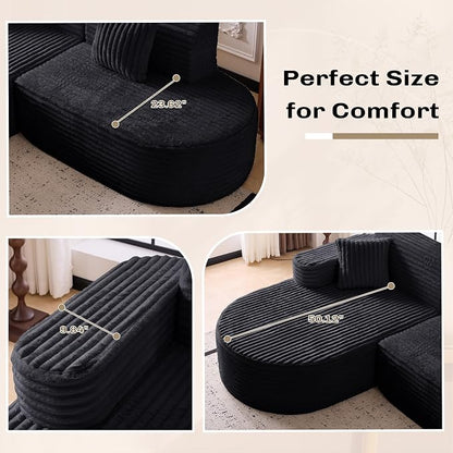 Modern Curved Boneless Sofa Couch, L-Shaped Corner Sofa, Corduroy Upholstered Cloud Sectional Couch for Living Room, Bedroom and Apartment,No Assembly Needed(Black, Right Hand Facing)