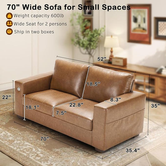 Hanherry Faux Leather 70" Sofa for Living Room, Modern Comfy Sofa with Medium Firm Seat Cushion, Removable Cover,Wide Armrest,USB/Type-C Port,Couches for Small Space,Apartment