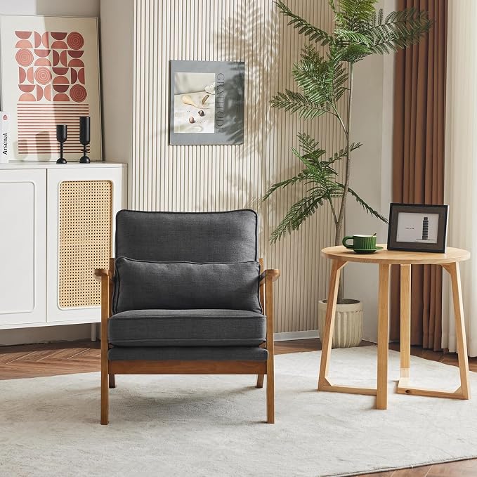 Karl home Mid-Century Lounge Accent Chair, Gray | Wide Curved Armrest, Linen Fabric, Lumbar Pillow Included, Solid Wood Frame, For Living Room, Bedroom, Balcony, Apartment